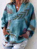 Plus Size Women Causal Tops Floral Printed Long Sleeve V Neck Shirts
