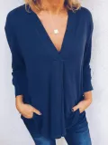 Casual Long Sleeve V Neck Solid Tops