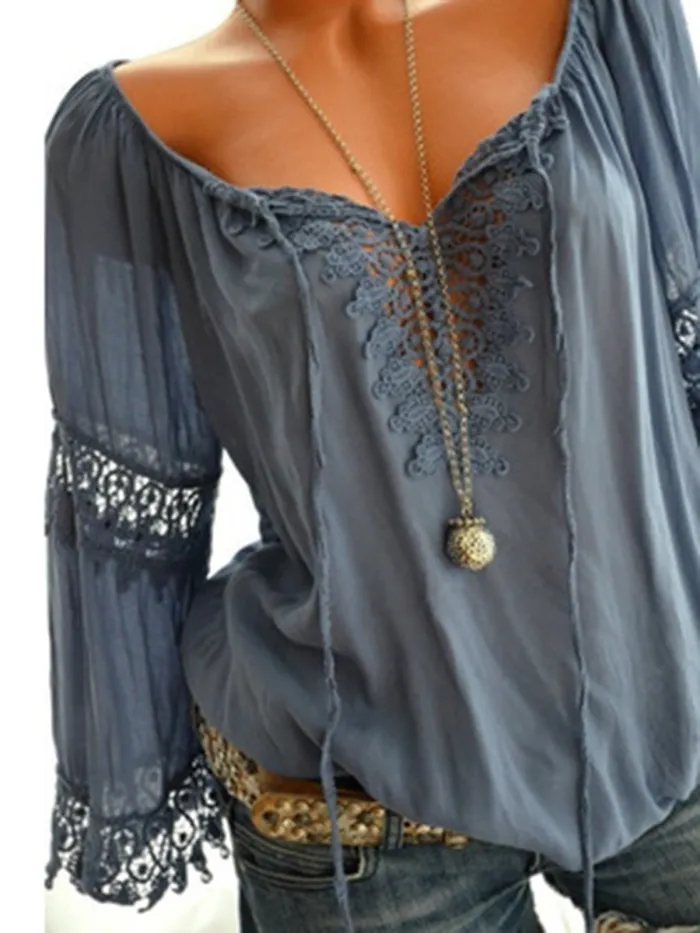 V Neck Casual Long Sleeve Cutout Paneled Lace Blouses