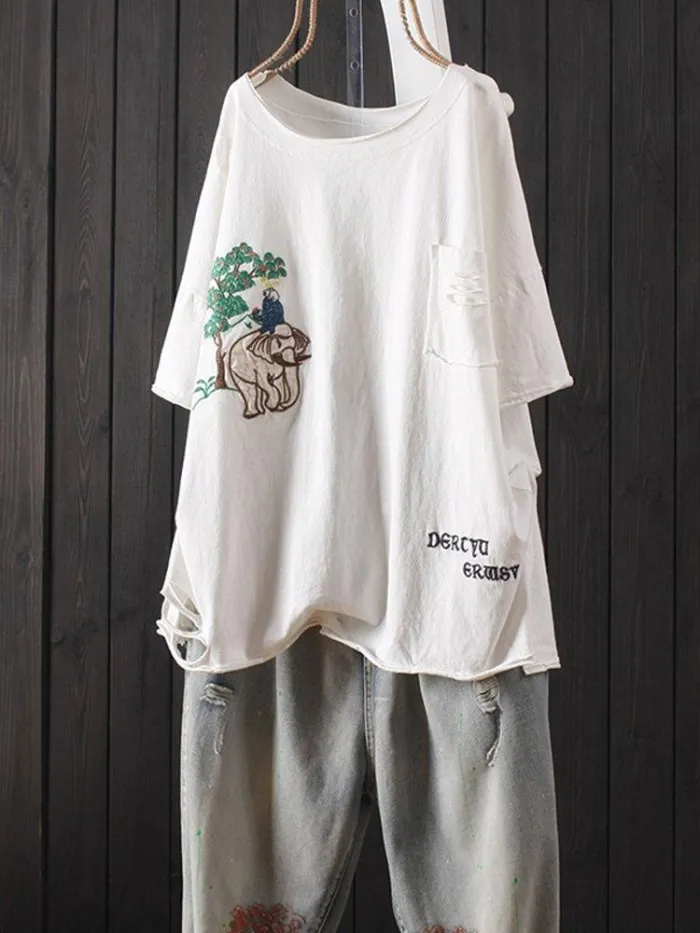 Round Neck Casual Cotton-Blend Shirts & Tops