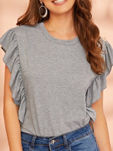 Plus Size Women Frill Sleeve Round Neck Solid Casual Tops