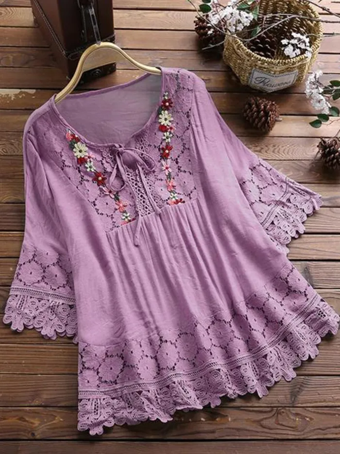 Women Casual Loose Lace Cutout Tops Tunic Blouse Shirt