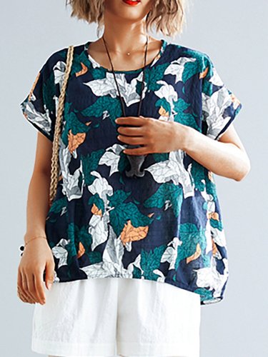 Plus Size Women Short Sleeve  Round Neck Floral  Loose Casual  Tops