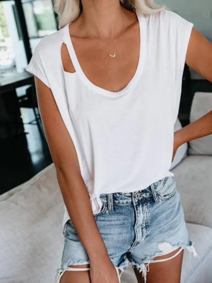Plain Round Neck Short Sleeve Cotton-Blend Shirts & Tops