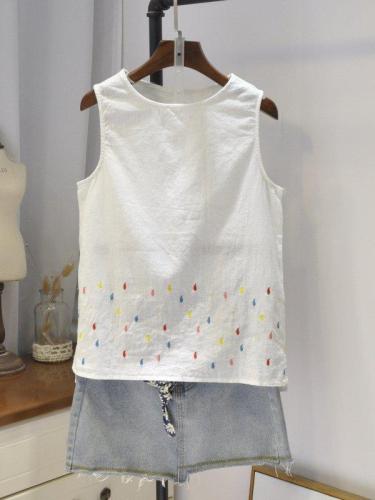 Casual Round Neck Sleeveless Embroidery Tops