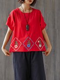 Plus Size Women  Embroidered Short  Sleeve  Round  Neck Cotton And Linen Loose Casual Top
