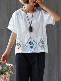 Plus Size Women  Embroidered Short  Sleeve  Round  Neck Cotton And Linen Loose Casual Top