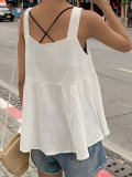Plus Size Women Solid Square Collar Cotton Bow Tie Sleeveless Loose Casual Vest Top