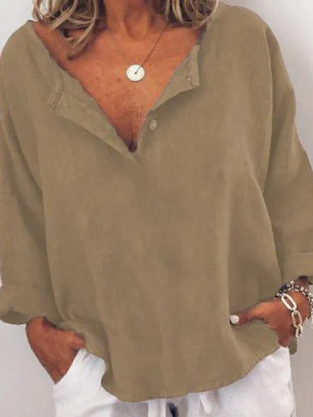 Long Sleeve Solid V Neck Casual Shirts & Tops
