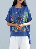 Plus Size  Women  Cotton And Linen Floral  Short  Sleeves Round Neck  Casual  Tops