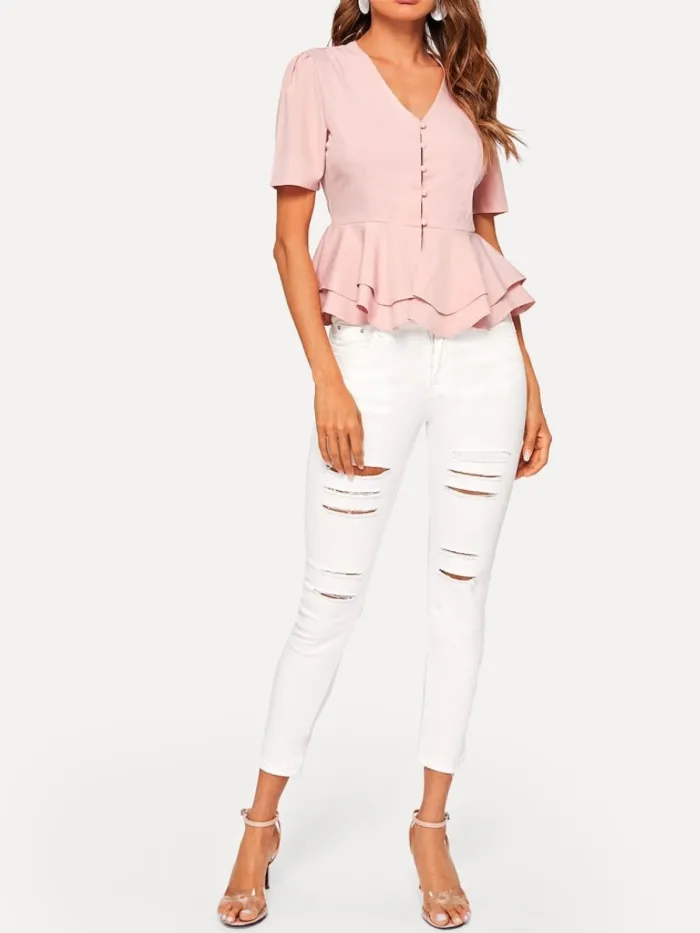 Women Breasted double-layered Lotus Leaf Hem V-neck Short Sleeve  Shirt