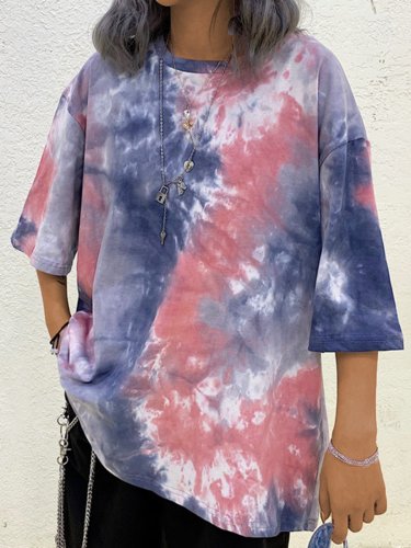 Plus Size Women Vintage Tie Dyed Floral Loose Short Sleeve Casual Tops