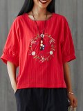 Plus Size  Women  Cotton And Linen Embroidered  Balloon Sleeves Casual  Tops