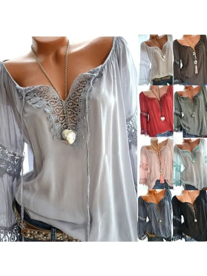 V Neck Casual Long Sleeve Cutout Paneled Lace Blouses