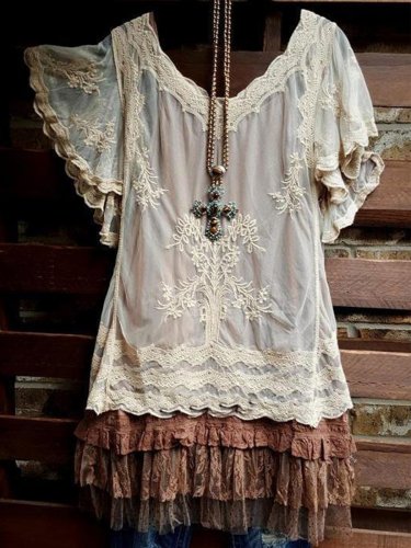 Guipure Lace Short Sleeve Shirts & Tops