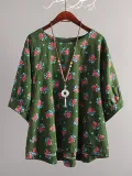 Crew Neck Casual Floral Balloon Sleeve Casual Tops