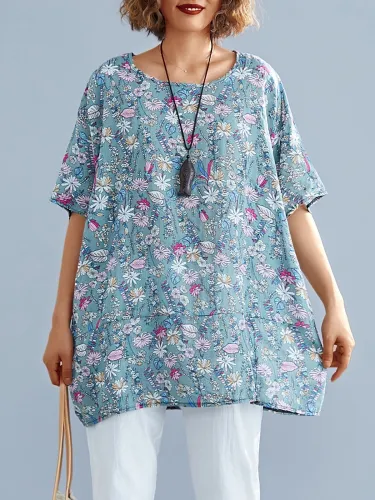 Women Short Sleeve Round Neck Vintage Floral Casual Tops