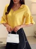 Plus Size  V-neck Chiffon Short Sleeve  Solid  Casual  Top