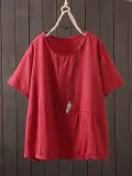 Short Sleeve Solid Round Neck Cotton-Blend Shirts & Tops