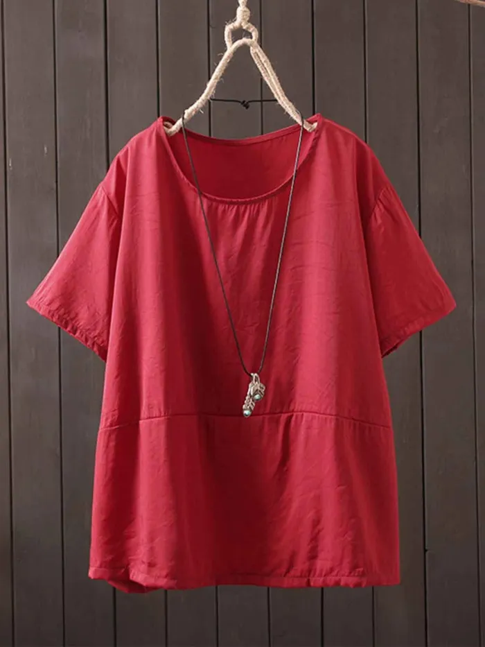 Short Sleeve Solid Round Neck Cotton-Blend Shirts & Tops