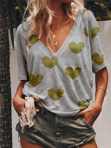 Women Summer Casula Loose V neck Polka Dots T Shirt Tops