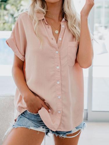 Solid Buttoned Turn-Down Collar Casual Shirts & Tops