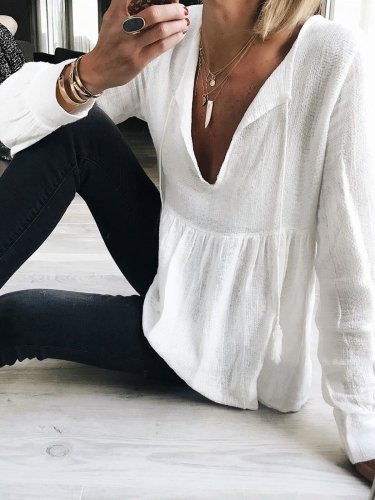 Casual  V Neck Solid Long Sleeve Tops