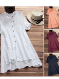 Buttoned Asymmetrical Casual Solid Shirts & Tops