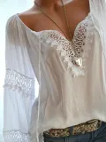 V Neck Casual Long Sleeve Cutout Paneled Lace Blouses