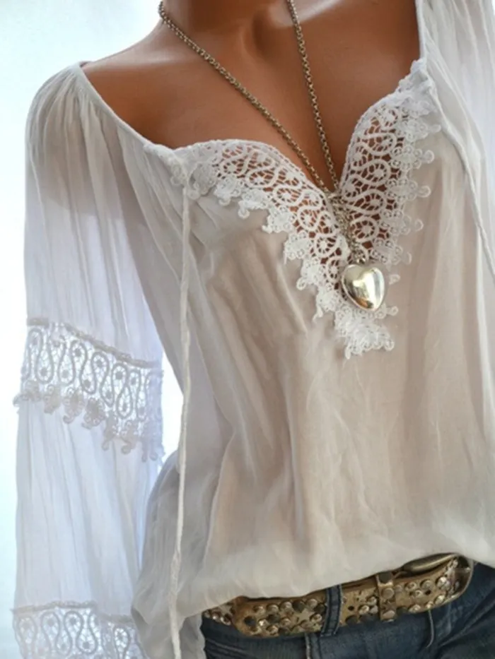 V Neck Casual Long Sleeve Cutout Paneled Lace Blouses
