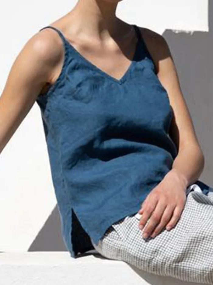 Slit Pure Color Sexy V Neck Spaghetti Plus Size Camis