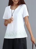Plus Size Women Short Sleeve Round Neck Embroidered Floral Casual Tops