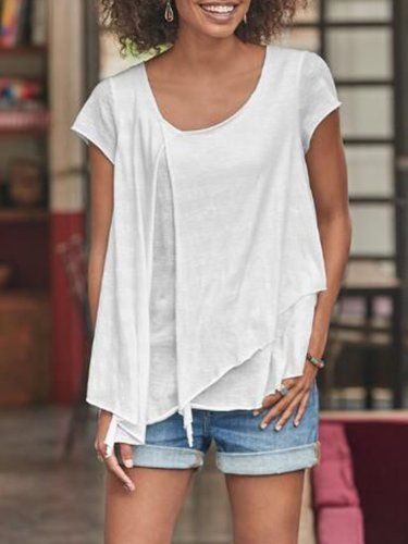 White Short Sleeve Solid Cutout Shirts & Tops