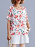Romantic Floral Short Sleeves Round Neck Loose Casual Tops