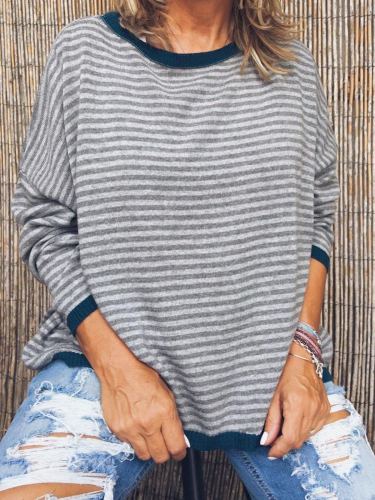 Plus Size Casual Stripes Long Sleeve Tops
