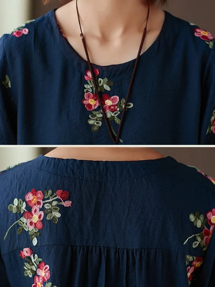 Women Short Sleeve Round Neck Vintage Embroidered Floral Casual Tops