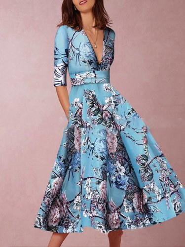 Women Blue Printed Elegant V Neck Evening Gowns Party Dresses
