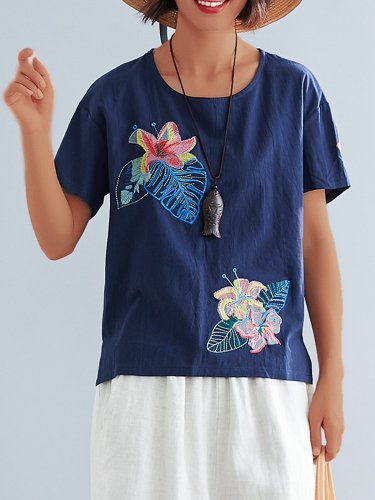 Plus Size  Cotton And Linen Embroidered Solid  Loose  Casual   Top