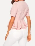 Women Breasted double-layered Lotus Leaf Hem V-neck Short Sleeve  Shirt