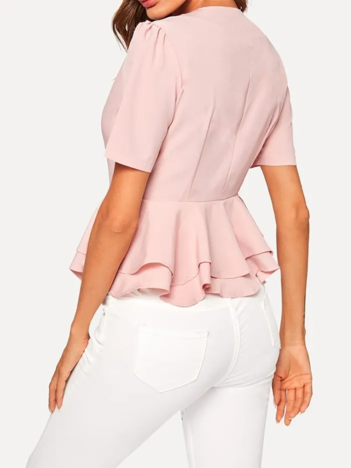 Women Breasted double-layered Lotus Leaf Hem V-neck Short Sleeve  Shirt