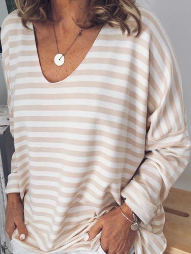 Plus Size Casual Striped  V Neck Long Sleeve Tops