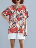 Plus Size Women Loose Cotton And Linen Round Neck Short Sleeve Abstract Pattern Irregular Casual Top
