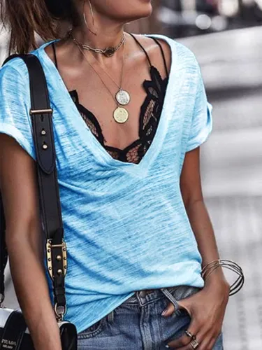 White V Neck Cotton-Blend Short Sleeve Shirts & Tops