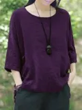 New Women Casual Loose Solid O-neck Shirt Half Sleeve Cotton Linen Top