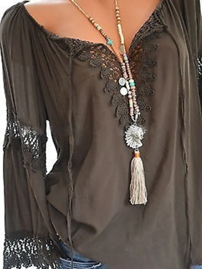 V Neck Casual Long Sleeve Cutout Paneled Lace Blouses