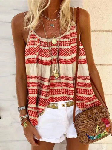 Red Sleeveless Casual Striped Cotton-Blend Shirts & Tops