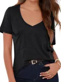 Casual V Neck Pockets Cotton-Blend Shirts & Tops