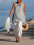 Women Casual Shirts V Neck Sleeveless Asymmetrical Tunics Blouses