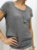 Plain Linen Short Sleeve Casual Blouses