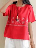 Plus Size Women Cotton And Linen Short Sleeve Round Neck Embroideried Loose Casual Tops
